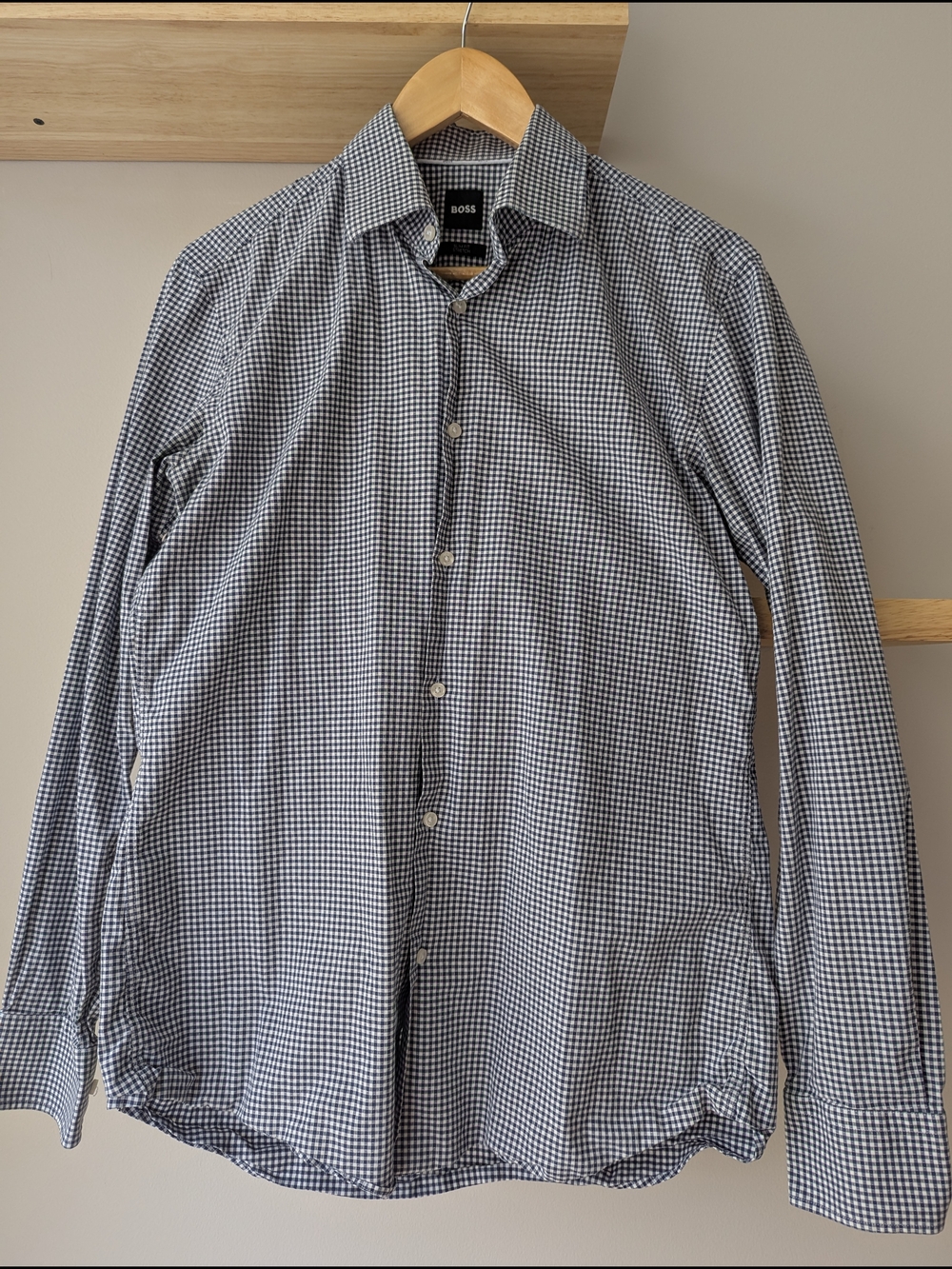 BOSS Men's Black & White Check Cotton Dress Shirt
